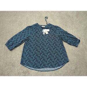 Philosophy Tunic Blouse Womens 1X PLUS Blue Leaf Print 3/4 Sleeves Casual NWT